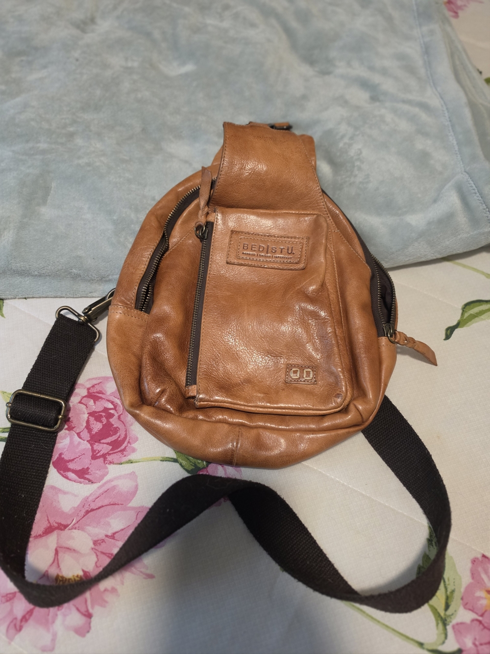 BED|STU Cognac Leather Crossbody Sling Bag with Black Strap